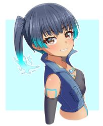 Rule 34 | 1girl, absurdres, black gloves, black hair, blue background, blush, border, breasts, brown eyes, commentary, cropped torso, denim, denim jacket, elbow gloves, fiery hair, gloves, grin, highres, jacket, kamidan, looking at viewer, medium hair, sena (xenoblade), side ponytail, small breasts, smile, solo, teeth, white border, xenoblade chronicles (series), xenoblade chronicles 3