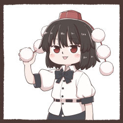 Rule 34 | 1girl, black bow, black bowtie, black hair, black skirt, blush, border, bow, bowtie, brown border, buttons, collared shirt, commentary request, cowboy shot, flat chest, hat, highres, looking at viewer, medium bangs, open mouth, pom pom (clothes), poronegi, red eyes, red hat, shameimaru aya, shirt, short hair, simple background, skirt, smile, solo, tokin hat, touhou, white background, white shirt