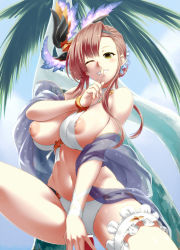 Rule 34 | 1girl, bar censor, bikini, bikini bottom aside, blush, breasts, bridal garter, brown hair, censored, clothing aside, finger to mouth, girl on top, granblue fantasy, hair ornament, highres, imminent penetration, imminent vaginal, large areolae, large breasts, looking at viewer, navel, nipple slip, nipples, one eye closed, palm tree, parted lips, penis, pov, public indecency, shawl, short hair, shushing, smile, solo focus, stealth sex, swimsuit, tree, tro (trombe), tweyen (eternal&#039;s summer vacation) (granblue fantasy), tweyen (granblue fantasy), white bikini, yellow eyes