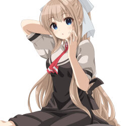 Rule 34 | 1girl, air (visual novel), arm behind back, black dress, blonde hair, blue eyes, commentary request, cross, dogu illust, dress, eyelashes, eyes visible through hair, grey shirt, hair between eyes, hair ribbon, hand up, highres, kamio misuzu, light blush, long hair, looking at viewer, necktie, parted lips, ponytail, puffy short sleeves, puffy sleeves, red necktie, ribbon, school uniform, shirt, short sleeves, sidelocks, simple background, sitting, solo, surprised, very long hair, wariza, white background, white ribbon