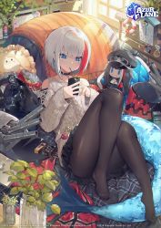 Rule 34 | absurdres, admiral graf spee (azur lane), admiral graf spee (daily peaceful life) (azur lane), admiral graf spee (peaceful daily life) (azur lane), akizone, anniversary, aran sweater, azur lane, bag, bird, black choker, black hat, black pantyhose, black skirt, blue eyes, cable knit, cannon, cellphone, character doll, chick, choker, clothing cutout, convenient leg, copyright name, day, deutschland (azur lane), fins, fish tail, food, full body, grey sweater, hat, highres, holding, holding phone, indoors, knees up, lifebuoy, long sleeves, looking at phone, lying, machinery, manjuu (azur lane), miniskirt, mouth hold, multicolored hair, no shoes, official art, on back, pantyhose, peaked cap, phone, plant, pocky, reclining, red hair, short hair, shoulder cutout, silver hair, skirt, smartphone, solo, streaked hair, sweater, swim ring, tail, turret, two-tone hair