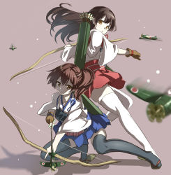 Rule 34 | 10s, 2girls, aircraft, airplane, akagi (kancolle), aldehyde, arrow (projectile), back-to-back, black hair, bow (weapon), brown eyes, brown hair, fingerless gloves, gloves, highres, kaga (kancolle), kantai collection, long sleeves, looking at viewer, looking back, md5 mismatch, multiple girls, personification, ponytail, quiver, resolution mismatch, shirt, single glove, skirt, source smaller, thighhighs, weapon, white legwear, wide sleeves, zettai ryouiki