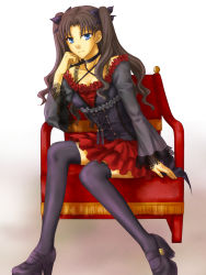 Rule 34 | 1girl, alternate costume, armchair, bad id, bad pixiv id, bare shoulders, black hair, black thighhighs, blue eyes, breasts, chair, choker, cleavage, corset, dress, fate/stay night, fate (series), frills, hair ribbon, head rest, hitoha, lace, legs, long hair, long legs, medium breasts, red dress, red upholstery, ribbon, sitting, skirt, smile, solo, thighhighs, tohsaka rin, twintails, two side up, zettai ryouiki