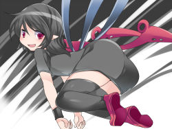 Rule 34 | 1girl, ass, asymmetrical wings, black dress, black hair, black thighhighs, commentary request, dress, hammer (sunset beach), houjuu nue, long hair, looking at viewer, miniskirt, open mouth, pointy ears, red eyes, skirt, smile, solo, thighhighs, touhou, wings, wristband, zettai ryouiki