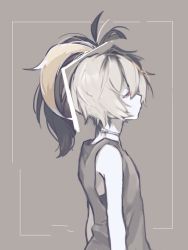 Rule 34 | 1girl, bare shoulders, collar, commentary, flower (vocaloid), flower (vocaloid3), from side, half-closed eyes, medium hair, mi no take, monochrome, multicolored hair, ponytail, profile, red eyes, shirt, sleeveless, sleeveless shirt, solo, spot color, streaked hair, upper body, vocaloid, white hair