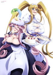 Rule 34 | 10s, 3girls, ;p, absurdres, alternate costume, alternate hairstyle, apron, batter, bespectacled, blonde hair, blue eyes, bowl, breasts, bursting breasts, cake, centaur, centorea shianus, cleavage, covered erect nipples, cream, drill hair, eating, enmaided, food, food on body, food on breasts, glasses, highres, huge breasts, large breasts, licking, long hair, maid, maid apron, maid headdress, mermaid, meroune lorelei, monster girl, monster musume no iru nichijou, multiple girls, no bra, official art, one eye closed, pink hair, saitou chie, slime girl, suu (monster musume), sweatdrop, taur, tentacle hair, tongue, tongue out, twintails, underboob, undersized clothes, very long hair, whisk