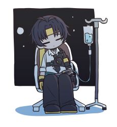 1boy asaba_harumasa black_gloves black_hair chibi closed_eyes full_body gloves hair_between_eyes highres indoors male_focus night on_chair short_hair sidelocks sitting sleeping sodamoon solo zenless_zone_zero