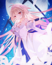 Rule 34 | 1girl, archetype earth, arcueid brunestud, bare shoulders, blonde hair, blue skirt, blush, breasts, cleavage, detached collar, detached sleeves, dress, fate/grand order, fate (series), full moon, gloves, highres, large breasts, layered skirt, long hair, long skirt, looking at viewer, mizumizu (phoenix), moon, night, night sky, petals, red eyes, skirt, sky, smile, solo, tsukihime, very long hair, white dress, white gloves