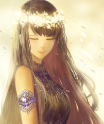 Rule 34 | 1girl, bare shoulders, brown hair, closed eyes, closed mouth, commentary request, dress, facing viewer, glint, head wreath, jewelry, light particles, long hair, md5 mismatch, original, petals, resolution mismatch, sakimori (hououbds), smile, solo, source smaller, upper body, yellow background