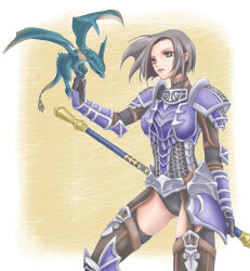 Rule 34 | 1girl, arm guards, armor, adventurer (ff11), black gloves, breastplate, breasts, brown thighhighs, dragon, dragoon (final fantasy), dragoon wyvern (ff11), faulds, final fantasy, final fantasy xi, garter straps, gloves, grey hair, holding, holding polearm, holding weapon, hume, left-handed, medium breasts, parted lips, polearm, purple armor, purple eyes, sakutsuki, short hair, shoulder armor, solo, spear, thighhighs, thighs, weapon