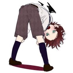 Rule 34 | 10s, 1boy, bat wings, bent over, blush, child, diabolik lovers, fangs, full body, green eyes, kneehighs, loafers, looking at viewer, male focus, norita (noritttta), open mouth, red hair, sakamaki ayato, shoes, shorts, simple background, socks, solo, suspenders, tsurime, vampire, white background, wings, aged down