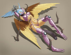 Rule 34 | 1girl, absurdres, armpits, arms up, bikini, black scarf, blue hair, bound, bound wrists, breasts, claws, closed eyes, commentary request, commission, covered erect nipples, digimon, digimon (creature), feathered wings, full body, garter straps, gauntlets, gloves, hair between eyes, hair wings, highres, kazukida, leaf, long hair, mask, medium breasts, mouth mask, navel, pixiv commission, plant, purple bikini, purple footwear, purple gloves, restrained, ryona, scarf, shadow, shoulder pads, shutumon, sidelocks, simple background, skindentation, solo, stomach, sweat, swimsuit, thigh gap, vine bondage, vines, wings