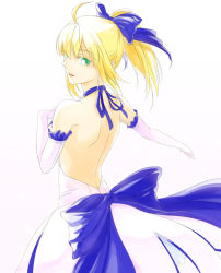 Rule 34 | 1girl, ahoge, artoria pendragon (all), artoria pendragon (fate), bad id, bad pixiv id, bare back, bare shoulders, blonde hair, bow, dress, elbow gloves, fate/unlimited codes, fate (series), gloves, green eyes, hair bow, saber (fate), saber lily, sake (kadai), solo