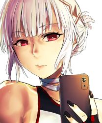Rule 34 | 1girl, altera (fate), bare shoulders, black gloves, black nails, bright pupils, cellphone, close-up, closed mouth, fate/extella, fate/extra, fate (series), fingerless gloves, fingernails, gloves, highres, holding, holding phone, i-pan, looking at viewer, nail polish, phone, red eyes, selfie, simple background, smartphone, solo, white background, white hair, white pupils
