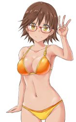 Rule 34 | 1girl, aimobake, bad id, bad twitter id, bespectacled, bikini, breasts, brown hair, cleavage, closed mouth, commentary, cowboy shot, glasses, gluteal fold, highres, honda mio, idolmaster, idolmaster cinderella girls, looking at viewer, medium breasts, navel, orange bikini, red-framed eyewear, short hair, simple background, smile, solo, standing, swimsuit, symbol-only commentary, tan, w, white background, yellow eyes