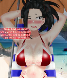 Rule 34 | !, !!, 1girl, after fellatio, aftersex, armpit crease, armpit hair, armpits, arms up, ball, beach, belly, belly fat, bikini, bite mark, bite mark on breast, bite marks, black eyes, black hair, black ponytail, blush, body hair, boku no hero academia, breast milk, breasts, breasts out, chair, cheating (relationship), cum, cum on body, cum on breasts, cum on upper body, eddarxart, english text, fleeing, folding chair, forehead, free use, hair on breasts, heart, hiding, imminent penetration, lactation, large breasts, looking at another, looking at viewer, milk, mineta minoru, navel, netorare, netorase, nipple piercing, nipples, ocean, offscreen male, offscreen person, one eye closed, open mouth, parasol, piercing, ponytail, pubic hair on body, pubic hair on face, public indecency, public nudity, public use, purple balls, purple hair, red bikini, ryona, sand, shaded face, shadow, showing armpits, sitting, slap mark, speech bubble, stray pubic hair, sweat, swimsuit, talking, todoroki shouto, tongue, tongue out, translated, umbrella, underwater, vacation, wink, worried, yaoyorozu momo