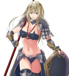 Rule 34 | 1girl, armor, bikini armor, black gloves, black thighhighs, blonde hair, blue eyes, breasts, cleavage, collar, elbow gloves, fingerless gloves, gloves, hair intakes, highres, holding, holding polearm, holding weapon, jewelry, long hair, medium breasts, metal collar, navel, necklace, open mouth, polearm, ragnarok online, royal guard (ragnarok online), sail (sail-away), shield, shoulder armor, showgirl skirt, simple background, solo, teeth, thigh gap, thighhighs, thighs, upper teeth only, weapon, white background