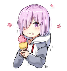Rule 34 | 1girl, :t, bad id, bad pixiv id, blush, closed mouth, double scoop, drawstring, eating, fate/grand order, fate (series), food, food on face, grey hoodie, hair over one eye, holding, holding food, hood, hood down, hoodie, ice cream, ice cream cone, ice cream on face, looking at viewer, mash kyrielight, moong gya, pink hair, purple eyes, signature, simple background, solo, white background