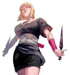 Rule 34 | 1girl, blonde hair, blue eyes, bob cut, breasts, cleavage, commentary request, cowboy shot, dual wielding, dynamic pose, fighting stance, fishnet top, fishnets, from below, highres, holding, holding weapon, kunai, large breasts, looking to the side, naruto (series), naruto shippuuden, outstretched arms, parted lips, samui (naruto), short hair, simple background, solo, standing, weapon, white background, zifletts