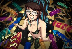 Rule 34 | 10s, 1girl, 2016, artist self-insert, bikini, breasts, cleavage, english text, eyelashes, fireworks, from above, glasses, grin, handjob, happy new year, hizzacked, hizzy (hizzacked), long hair, looking at viewer, medium breasts, mouth hold, multicolored hair, navel, new year, original, parted lips, penis, phallic symbol, ponytail, sexually suggestive, skindentation, smile, solo, swimsuit, tattoo, thighhighs, two-tone hair, watermark