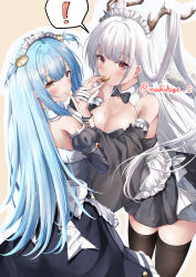 Rule 34 | !, 2girls, absurdres, apron, artist name, azur lane, bare shoulders, black dress, black thighhighs, blue hair, breasts, clam shell, cleavage, dragon horns, dress, finger to mouth, gloves, hair on horn, highres, horns, large breasts, long hair, looking at viewer, maid, maid headdress, makihige, multiple girls, neptune (azur lane), official alternate costume, red eyes, shell hair ornament, shimanto (azur lane), shimanto (the comfy dragon god) (azur lane), simple background, speech bubble, spoken exclamation mark, thighhighs, very long hair, waist apron, white apron, white gloves, white hair, yellow eyes, zettai ryouiki