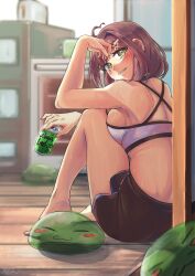 Rule 34 | :3, absurdres, ahoge, arm rest, beer can, breasts, brown hair, can, dolphin shorts, drink can, fortissimo, full body, green eyes, hair ornament, hand up, highres, holding, holding can, indie virtual youtuber, indoors, knee up, light smile, looking at viewer, looking to the side, medium breasts, medium hair, midriff, miori celesta, mogu (miori celesta), musical note, musical note hair ornament, on floor, oven, parted lips, refrigerator, ryushi, shorts, sitting, slime (creature), sports bra, star (symbol), star in eye, sweat, symbol in eye, toaster, treble clef, virtual youtuber, white sports bra, wooden floor
