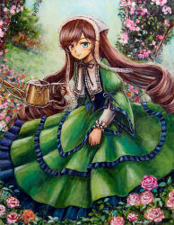 Rule 34 | 1girl, arm ribbon, blush, bonnet, bow, brown hair, capelet, corset, curly hair, doll, dress, drill hair, flat chest, flower, frills, garden, gothic lolita, grass, green dress, green eyes, hairband, hat, head scarf, headdress, heterochromia, holding, juliet sleeves, lace, layered sleeves, leaf, light smile, lolita fashion, long hair, long sleeves, looking at viewer, oil painting (medium), outdoors, painting (medium), pink flower, pink rose, puffy long sleeves, puffy sleeves, red eyes, red flower, red rose, ribbon, rose, rozen maiden, short over long sleeves, short sleeves, solo, standing, suiseiseki, tafuto, traditional media, tree, twin drills, very long hair, watering can, wide sleeves