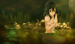 Rule 34 | 1girl, black hair, blush, bone, cave, completely nude, covering privates, covering breasts, glowing, glowing eyes, highres, long hair, nude, original, skull, solo, tachibanakou, water, wet, yellow eyes