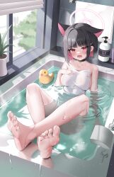 Rule 34 | 1girl, absurdres, animal ears, bathing, bathtub, black choker, black hair, blue archive, breasts, cat ears, choker, collarbone, colored inner hair, extra ears, hair ornament, hairclip, halo, highres, indoors, j.j (66752902), kazusa (blue archive), large breasts, multicolored hair, naked towel, pink hair, pink halo, plant, potted plant, red eyes, rubber duck, shampoo bottle, short hair, soles, solo, toes, towel, water, white towel, window