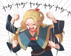 Rule 34 | 1girl, afterimage, belt pouch, blonde hair, blue capelet, blue robe, blush, braid, breasts, capelet, choker, clenched hands, closed eyes, commentary, crying, dungeon meshi, elf, emphasis lines, english commentary, french braid, hair rings, hands up, holding, holding staff, hood, hood down, hooded capelet, long hair, long sleeves, marcille donato, medium breasts, natural wind, open mouth, pointy ears, pouch, robe, runny nose, side braid, snot, solo, sprout, staff, swinging arms, tantrum, upper body, white background