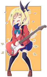 Rule 34 | 1girl, :d, black ribbon, black thighhighs, blonde hair, blue sailor collar, blue skirt, blush, bow, brown footwear, closed eyes, commentary request, electric guitar, fang, full body, green bow, guitar, hair ornament, hair ribbon, hairclip, highres, instrument, jacket, lightning bolt symbol, music, musical note, nukui hayu, ochikobore fruit tart, open clothes, open jacket, open mouth, orange background, outline, playing instrument, pleated skirt, pontasu, red jacket, ribbon, sailor collar, school uniform, serafuku, shirt, shoes, side ponytail, skin fang, skirt, smile, solo, standing, thighhighs, two-tone background, white background, white outline, white shirt, x hair ornament
