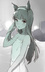Rule 34 | 1girl, animal ears, bare shoulders, blush, breasts, breath, cleavage, ear covers, greyscale, hairband, hand in own hair, highres, horse ears, long hair, looking at viewer, monochrome, naked towel, onsen, open mouth, rock, saboten, sauna, silence suzuka (umamusume), small breasts, solo, thighhighs, towel, umamusume, upper body, water