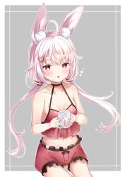 Rule 34 | 1girl, :o, ahoge, animal ear fluff, animal ears, bare arms, bare shoulders, black choker, blush, camisole, choker, collarbone, cup, fingernails, frilled shorts, frills, grey background, hair between eyes, hair ornament, heart, heart hair ornament, highres, holding, holding cup, long hair, looking at viewer, low twintails, mashiro aa, midriff, mug, nail polish, navel, parted lips, pink hair, print mug, rabbit ears, red camisole, red eyes, red nails, red shorts, short eyebrows, short shorts, shorts, sitting, solo, thick eyebrows, tomari mari, tomari mari channel, twintails, two-tone background, very long hair, virtual youtuber, white background
