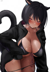 1girl absurdres animal_ears bikini bikini_bottom_pull black_bikini black_hair black_jacket blush breasts cat_ears cat_tail cleavage dark-skinned_female dark_skin earrings eyewear_hang facial_mark feet_out_of_frame final_fantasy final_fantasy_xiv hair_between_eyes highres huge_breasts jacket jewelry leaning_forward looking_at_viewer miqo&#039;te pink-framed_eyewear pulling_own_clothes red_eyes shhilee signature simple_background single_earring slit_pupils smile solo steaming_body sweat swimsuit tail unworn_eyewear white_background