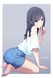 Rule 34 | 1girl, arm support, artist name, black hair, blue eyes, blue shorts, commentary request, gradient background, grey background, highres, holding, holding own hair, legs, long hair, looking at viewer, monai-chan (nii manabu), nii manabu, original, shirt, shorts, soles, solo, tagme, thighs, toes, white shirt