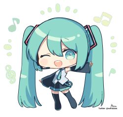 Rule 34 | 1girl, ;d, bare shoulders, beamed eighth notes, black footwear, black skirt, black sleeves, blush stickers, boots, chibi, collared shirt, detached sleeves, eighth note, full body, green eyes, green hair, green necktie, hatsune miku, headset, highres, long hair, long sleeves, looking at viewer, musical note, necktie, notice lines, one eye closed, open mouth, pleated skirt, quarter note, shirt, signature, skirt, sleeveless, sleeveless shirt, smile, sofra, solo, thigh boots, tie clip, treble clef, twintails, twitter username, very long hair, vocaloid, white shirt, wide sleeves