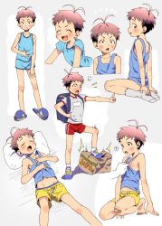 Rule 34 | 1boy, 3ji, absurdres, ahoge, antenna hair, bandaid, bandaid on knee, bandaid on leg, black hair, blue eyes, blush, boxers, brown hair, character sheet, drooling, closed eyes, fang, full body, gym shirt, gym shorts, gym uniform, highres, male focus, male underwear, multicolored hair, multiple views, open mouth, original, pillow, shirt, shoes, shorts, sleeping, slippers, smile, sneakers, socks, tank top, two-tone hair, underwear, white legwear