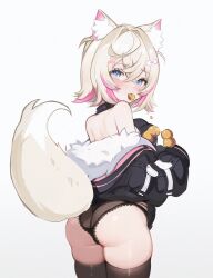 Rule 34 | 1girl, animal collar, animal ear fluff, animal ears, ass, bandaid, bandaid hair ornament, black collar, black jacket, black thighhighs, blonde hair, blue eyes, blush, collar, cropped jacket, crossed bangs, dog ears, dog girl, dog tail, double-parted bangs, doughnut, eating, food, frills, fur-trimmed jacket, fur trim, hair between eyes, hair intakes, hair ornament, hairband, highres, holding, holding food, hololive, hololive english, jacket, koahri, lace, lace-trimmed panties, lace trim, long sleeves, looking at viewer, looking back, mococo abyssgard, mococo abyssgard (1st costume), multicolored hair, off shoulder, panties, pink hair, pink hairband, pon de ring, puffy long sleeves, puffy sleeves, shirt, short hair, skindentation, solo, spiked collar, spikes, streaked hair, tail, thighhighs, two side up, underwear, virtual youtuber, white shirt, x hair ornament