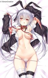 Rule 34 | 1girl, armpits, arms up, bdsm, black hairband, black jacket, black thighhighs, blush, breasts, co2 (hika), collar, copyright notice, dakimakura (medium), dress shirt, groin, hair between eyes, hairband, highres, jacket, ks (xephyrks), leash, long hair, lying, medium breasts, navel, necktie, open clothes, open jacket, open mouth, open shirt, panties, panty pull, pink panties, plaid, plaid necktie, red collar, red eyes, red necktie, shirt, slave, sleeves past wrists, solo, stomach, striped clothes, striped thighhighs, sweat, the personification of atmosphere, thighhighs, twintails, underwear, white hair, white shirt, white thighhighs