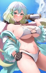 Rule 34 | 1girl, bikini, black gloves, blue sky, blush, breasts, cloud, cupitan (granblue fantasy), cupitan (summer) (granblue fantasy), day, gloves, gradient hair, granblue fantasy, green eyes, hair between eyes, hair ornament, highres, large breasts, long hair, looking at viewer, low twintails, multicolored hair, navel, outdoors, pyonsan, sky, smile, solo, swimsuit, twintails, very long hair, white bikini