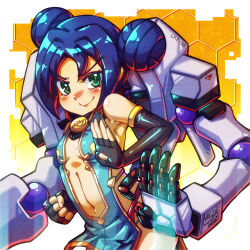 Rule 34 | 1girl, artery gear, artist name, black gloves, blue hair, breasts, china dress, chinese clothes, clenched hand, commentary, dated, double bun, dress, elbow gloves, english commentary, gloves, green eyes, hair bun, highres, laflora, looking at viewer, mechanical arms, navel, siddngor, small breasts, smile, yang meihua (laflora), yellow background