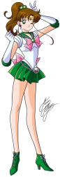 Rule 34 | 1girl, ankle boots, bishoujo senshi sailor moon, boots, bow, brooch, brown hair, choker, earrings, elbow gloves, flower earrings, full body, gloves, green eyes, green footwear, green skirt, hair bobbles, hair ornament, jewelry, kino makoto, looking at viewer, magical girl, marco albiero, one eye closed, pink bow, pleated skirt, ponytail, sailor collar, sailor jupiter, short hair, signature, skirt, smile, solo, standing, tiara, white background, white gloves