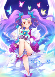 Rule 34 | 00s, 1girl, arm warmers, ashita wa hitsuji, boots, character name, detached sleeves, dress, earrings, english text, eyelashes, fingerless gloves, gloves, hair ornament, hair ribbon, happy, highres, jewelry, long hair, looking at viewer, magical girl, milk (precure 5), milk (yes! precure 5), milky rose, mimino kurumi, precure, purple hair, red eyes, ribbon, sitting, smile, solo, twintails, yes! precure 5, yes! precure 5 gogo!