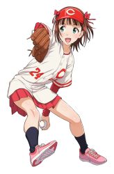 Rule 34 | 1girl, amami haruka, aqua eyes, ball, baseball, baseball cap, baseball glove, baseball uniform, black socks, bow, brown hair, full body, hair bow, hat, highres, holding, holding ball, idolmaster, idolmaster (classic), kneehighs, long sleeves, looking away, looking to the side, nigou, nippon professional baseball, open mouth, pink footwear, pleated skirt, red bow, red hat, red shirt, red skirt, shirt, shoes, short hair, short sleeves, simple background, skirt, smile, sneakers, socks, solo, sportswear, sweat, white background, white shirt
