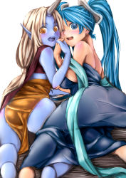 Rule 34 | 2girls, ass, bare shoulders, blue dress, blue eyes, blue hair, blue skin, blush, breasts, colored skin, dress, from behind, holding hands, horns, large breasts, league of legends, long hair, looking at viewer, multicolored hair, multiple girls, neav, one eye closed, orange eyes, pantylines, pointy ears, single horn, sona (league of legends), soraka (league of legends), thighhighs, two-tone hair, very long hair, white hair