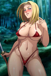 Rule 34 | 1girl, bikini, blonde hair, blue eyes, blush, breasts, capcom, forest, highres, katana, lipstick, looking at viewer, luna (punisher), makeup, micro bikini, nature, naughty face, punisher (capcom), sano br, swimsuit, sword, the punisher, underboob, weapon, wide hips