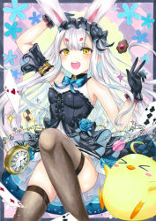 Rule 34 | &gt; &lt;, 1girl, absurdres, ace (playing card), ace of hearts, animal ears, azur lane, black dress, black gloves, black thighhighs, blue bow, blue flower, blue rose, bow, breasts, card, center frills, dress, dress flower, flower, food, frilled dress, frilled gloves, frills, gloves, hairband, heart, highres, layered dress, lolita hairband, long hair, looking at viewer, macaron, manjuu (azur lane), official alternate costume, open mouth, playing card, pocket watch, rabbit ears, rabbit girl, rose, shimakaze (azur lane), shimakaze (the white rabbit of wonderland) (azur lane), sleeveless, sleeveless dress, small breasts, solo, thighhighs, traditional media, two-tone dress, very long hair, watch, whipberry, white dress, white hair, yellow eyes