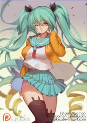 Rule 34 | 1girl, ;(, aqua skirt, black ribbon, black thighhighs, blonde hair, breasts, cardigan, closed mouth, cowboy shot, drill hair, gradient hair, green hair, hair ribbon, large breasts, league of legends, long hair, looking at viewer, multicolored hair, open cardigan, open clothes, panties, pantyshot, pink panties, pleated skirt, ribbon, school uniform, serafuku, skirt, solo, sona (league of legends), songjikyo, standing, thighhighs, twin drills, twintails, underwear, wind, wind lift, yellow eyes