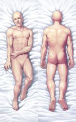 Rule 34 | 1boy, absurdres, ass, bald, commentary request, copyright request, dakimakura (medium), facial hair, grey eyes, highres, kune-kune, looking at viewer, lying, male focus, multiple views, no eyebrows, no penis, nude, on back, on stomach, parted lips, sakkan, soles, toned, toned male