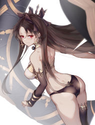 Rule 34 | 1girl, armlet, ass, back, bikini, black thighhighs, bracelet, breasts, brown hair, butt crack, detached sleeves, earrings, fate/grand order, fate (series), gold trim, hair ribbon, heavenly boat maanna, highres, hoop earrings, ishtar (fate), jewelry, large breasts, long hair, looking at viewer, looking back, mismatched bikini, neck ring, parted bangs, red eyes, ribbon, single detached sleeve, single thighhigh, smile, solo, swimsuit, thighhighs, thighlet, thighs, tiara, two side up, ura illust, weapon